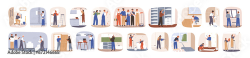 Workers repair home. Repairmen, builders team work in house. Installing window, door, building walls in apartment under renovation. Flat graphic vector illustrations set isolated on white background