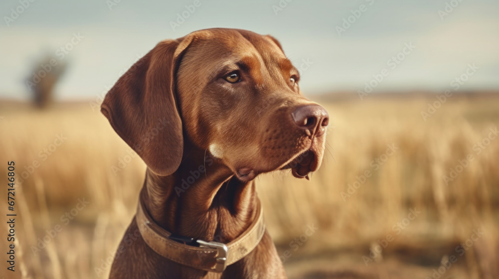 Autumn Alertness: Close-Up of a Purebred Hunting Dog with Leather Collar in the Fall Field. Autumn Alertness: Close-Up of a Purebred Hunting Dog with Leather Collar in the Fall Field.
