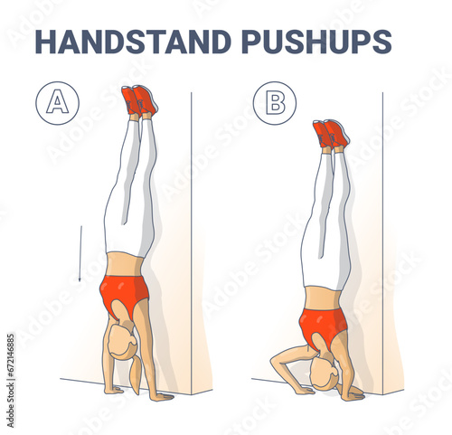 Handstand Push-Ups Exercise. Woman Home Workout Guidance.