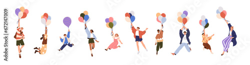 Happy people flies with balloons in hands. Carefree characters in flight, flying up with air baloons. Freedom, energy, fun, joy concept. Flat graphic vector illustrations isolated on white background © Good Studio