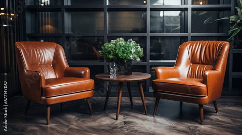 Two elegant leather armchairs positioned by a coffee