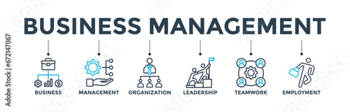 Business management banner web icon vector illustration concept with icon of business, management, organization, leadership, teamwork and employment