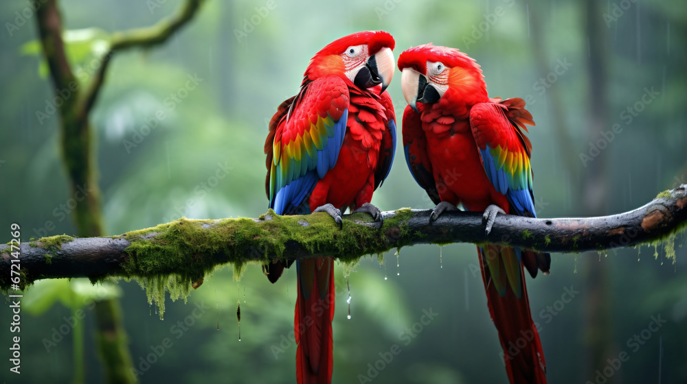 Two stunning Scarlet Macaws perched on a Brazilian