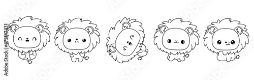 Set of Kawaii Isolated Lion Coloring Page. Collection of Cute Vector Cartoon King Animal Outline for Stickers, Baby Shower, Coloring Book, Prints for Clothes