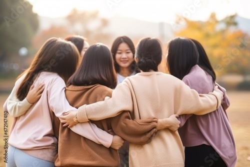 Group of happy young people hugging each other in the park.