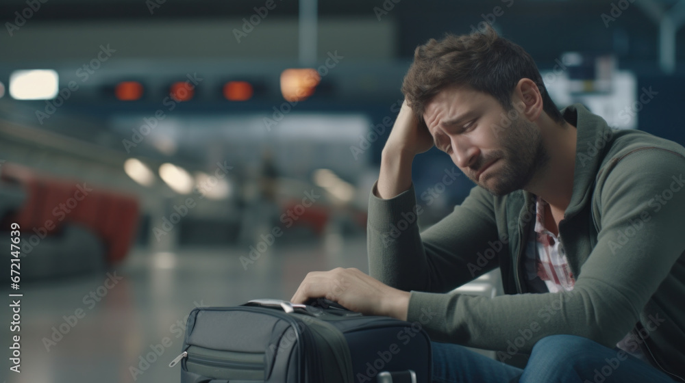 Traveler's Woe: Disheartened Man Facing a Missed or Cancelled Flight at the Airport Terminal. Traveler's Woe: Disheartened Man Facing a Missed or Cancelled Flight at the Airport Terminal.