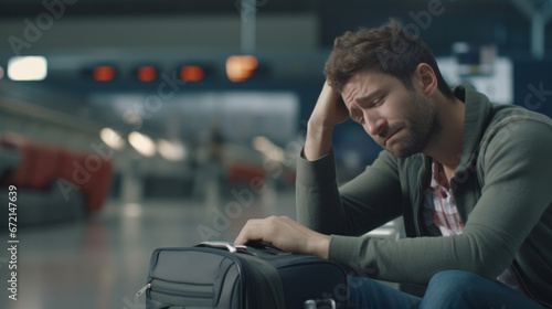 Traveler's Woe: Disheartened Man Facing a Missed or Cancelled Flight at the Airport Terminal.