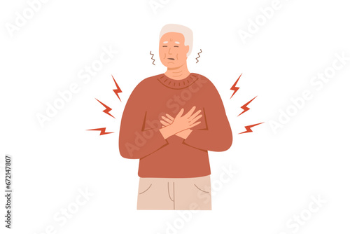 An elderly man with heart attack symptoms. A person with hands on his chest experiencing cardiac distress. Medical patient having stroke. Vector illustration isolated on white background.