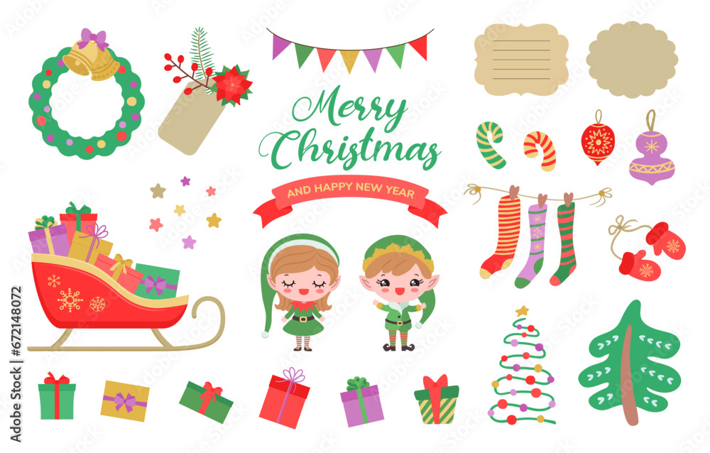 Cute Christmas clipart set kawaii style. Xmas festive icons collection flat design vector. Kawaii christmas elves, sledge with gift boxes, christmas stockings, mitten, etc. Graphics for print or web.