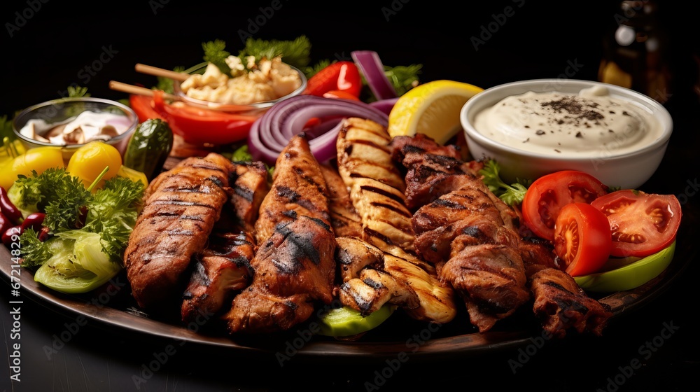 Kebab platter with flame broiled chicken lula kebab ribs kebab and barbecued peppers Kebab platter with flame broiled chicken lula kebab ribs kebab and barbecued peppers