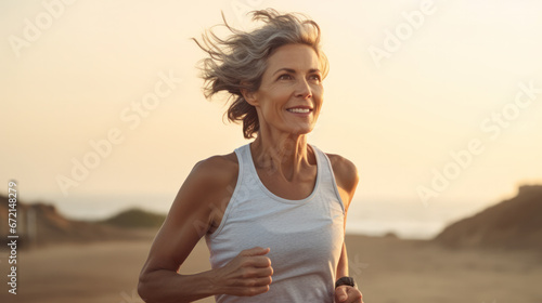 fit and happy middle aged woman running on the beach - 40s or 50s attractive mature lady with grey hair doing jogging workout enjoying fitness and healthy lifestyle at beautiful sea landscape photo