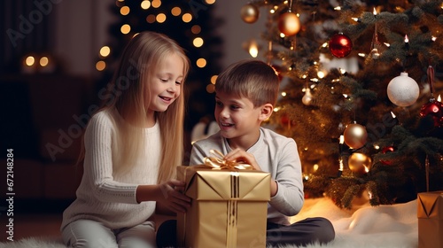 Kid sitting with guardians opening blessing box whereas sitting following to christmas tree. Youthful family celebrating christmas with presents