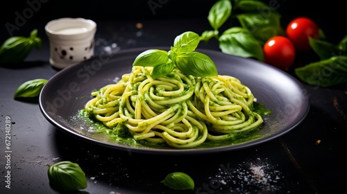 Italian pasta with pesto sauce and basil