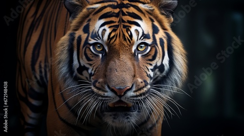 Head of tiger sumatera closeup with dull blue divider photo