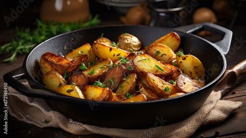 Heated potatoes with garlic, herbs and fricasseed chanterelles in a cast press skillet. beat see photo