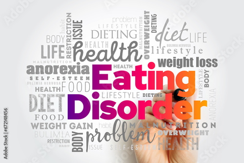 Eating Disorder is a mental disorder defined by abnormal eating behaviors that negatively affect a person's physical or mental health, word cloud concept background photo