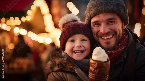 Grinning man eating trdelnik with arm around father getting a charge out of at christmas advertise