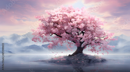 Enchanting cherry blossom tree in full bloom  its delicate petals painting the landscape in a sea of soft pink. Generative Ai.NO.01