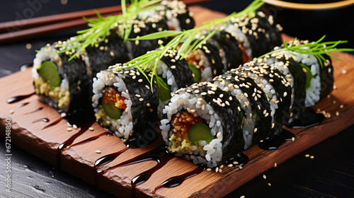 Seaweed maki roll with sesame seeds. photo