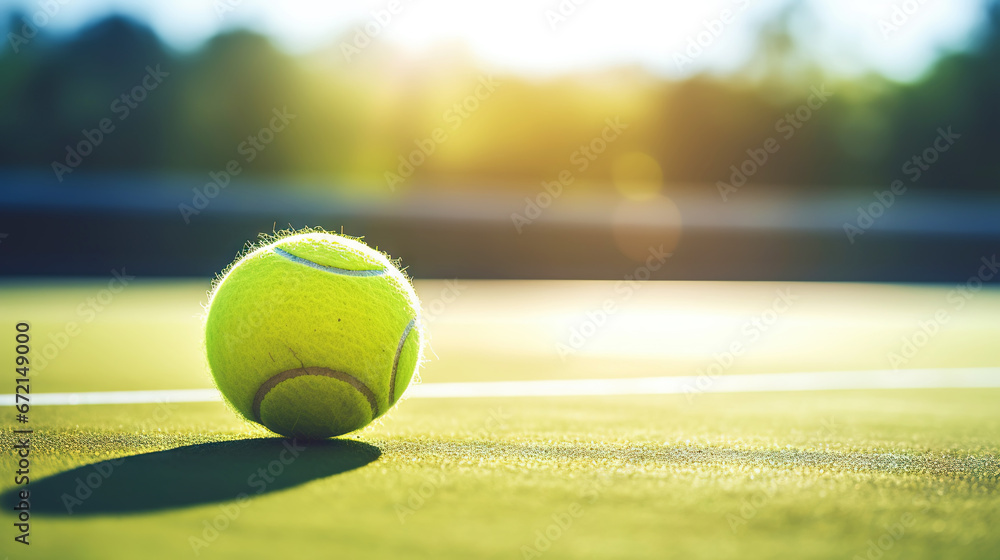 Closeup of tennis ball on empty court. Tennis match on sunny day. Concept of a sporty lifestyle. Generative AI