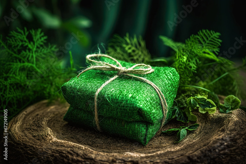 Generative AI illustration of folded green sack gift pack tied and placed on rock with green plant against green background in daylight photo