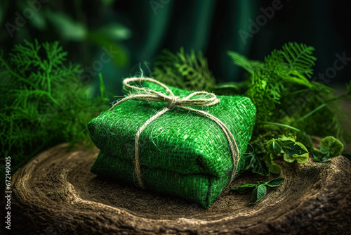 Generative AI illustration of folded green sack gift pack tied and placed on rock with green plant against green background in daylight