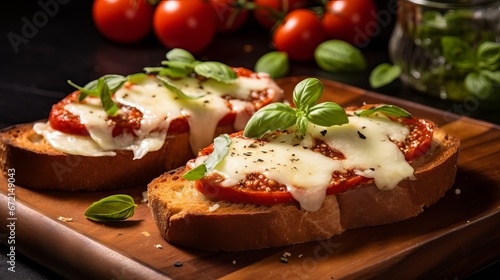 Pepperoni toast with cheese is served on a bamboo plate