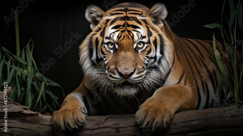 Near up confront tiger confined on dark foundation