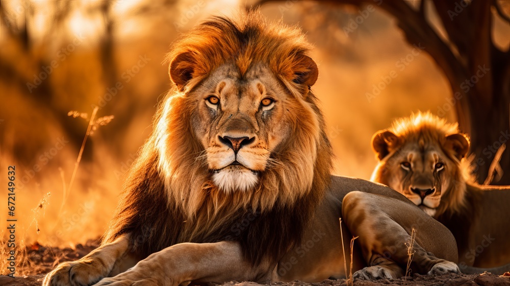 Fototapeta premium Male lions resting on the ground