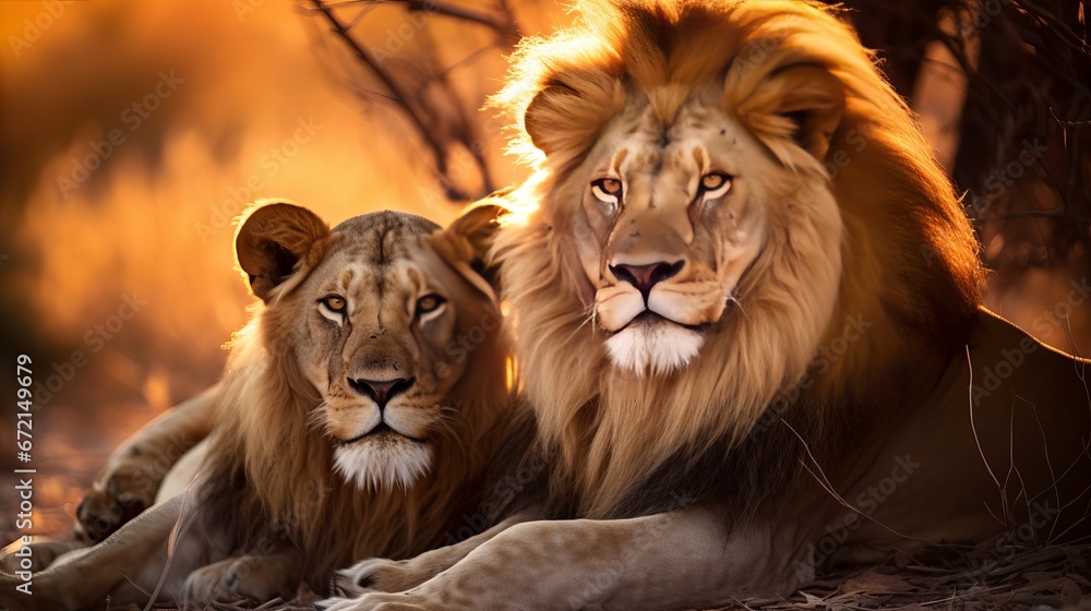 Fototapeta premium Male lions resting on the ground