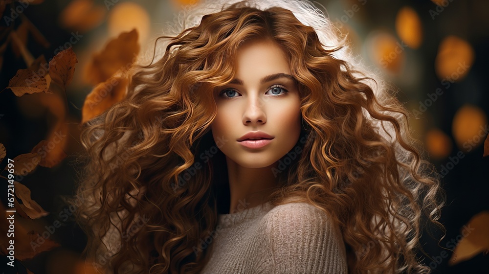 Fototapeta premium Lovely youthful lady with long wavy hair covering confront with a leaf