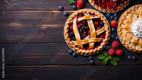 Variety of homemade fruit pies. Top down view over © Data