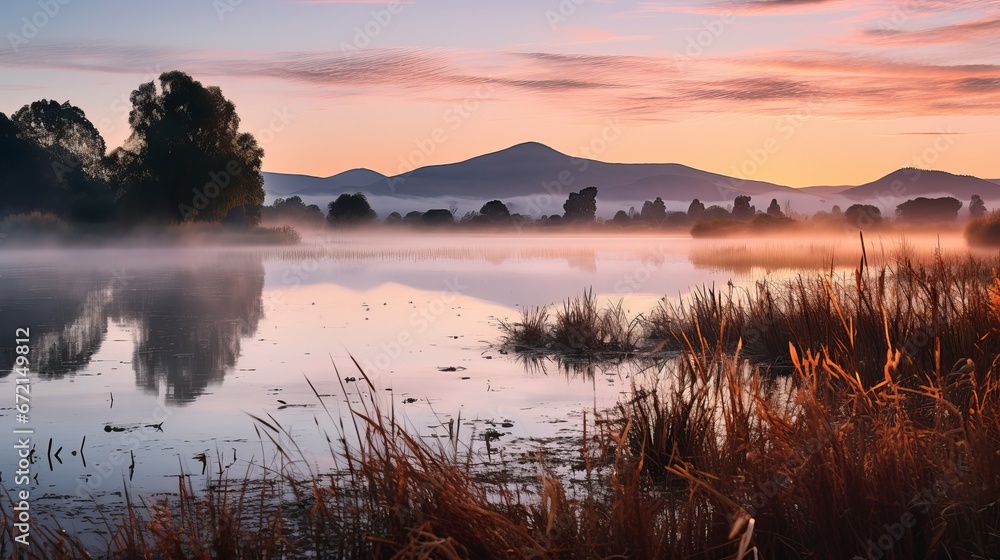 Lake haze dawn with harvest time foliage and mountains