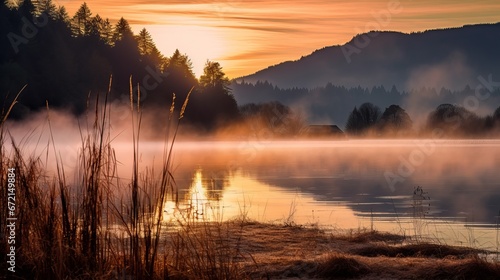 Lake haze dawn with harvest time foliage and mountains © Elchin Abilov
