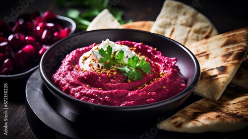 Simmered beet hummus with pita in a dark bowl on a wooden foundation. best see