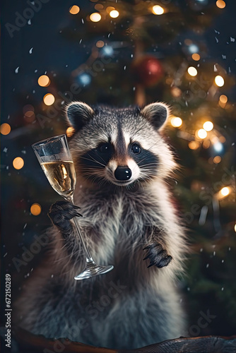Cute funny raccoon with a glass of champagne celebrating the new year. Cozy Christmas lights in the background. Holiday, festive atmosphere © ita_tinta_