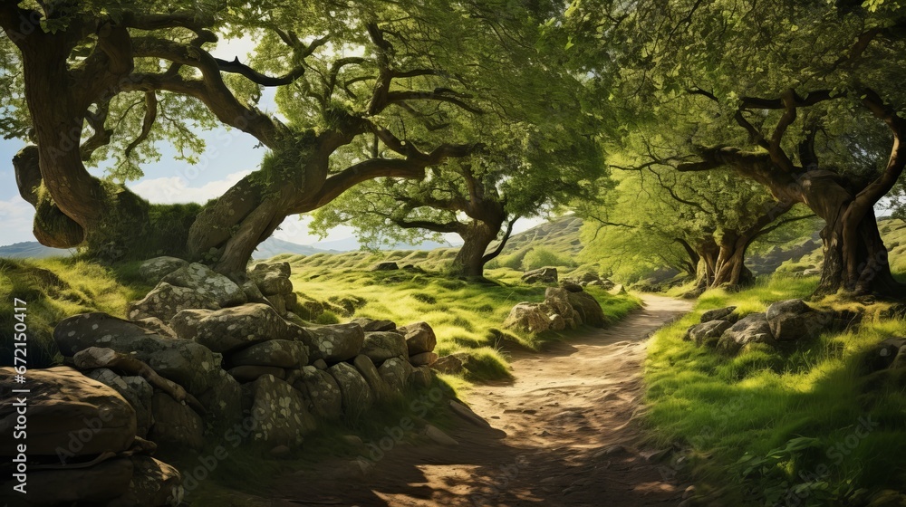 Scene of glade with green areas and harvest time trees amid a sunny day
