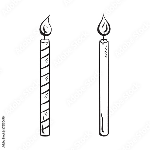 Hand-drawn vector sketch of a birthday candle set, including lit candles with flames. Make a wish. Perfect for birthdays, anniversaries, and celebrations. A must have cake decoration for kids parties