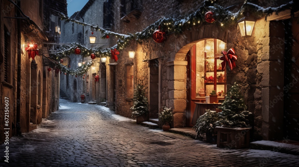 Road in a Christmas night in an ancient town Road in a Christmas night in an ancient town