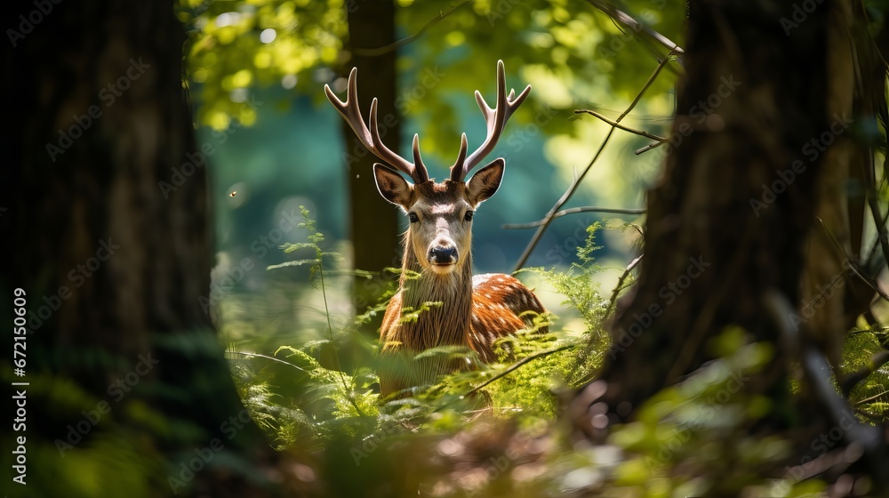 Fototapeta premium Ruddy deer within the nature environment amid the deer trench european natural life