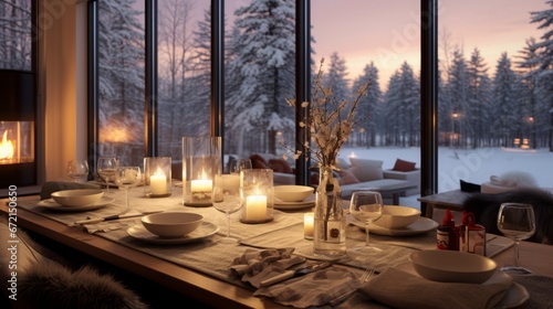 Rustic Winter Dwelling: House with Nordic Forest Scenery, Wine, and Candlelight.