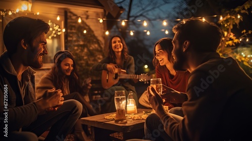 Raise see of youthful companions sitting together on housetop at nightfall. Youthful men and ladies hanging out on porch in evening