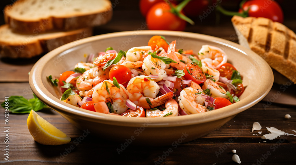 Shrimp salad with bread and tomatoes.