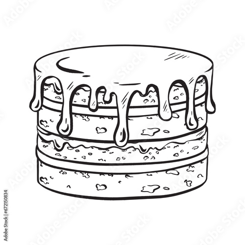 Hand-drawn vector sketch. Delicious multi-layered birthday cake. Wedding cake with various fillings between sponge layers. Dripping chocolate glaze on top. for celebrations, cards, invitations