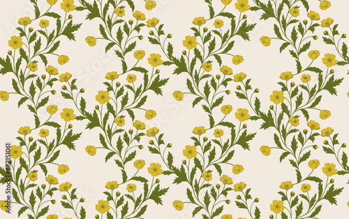 Seamless background with yellow buttercup flowers ans green leaf, stylish vintage pattern for wallpaper, textile, wedding invitation
