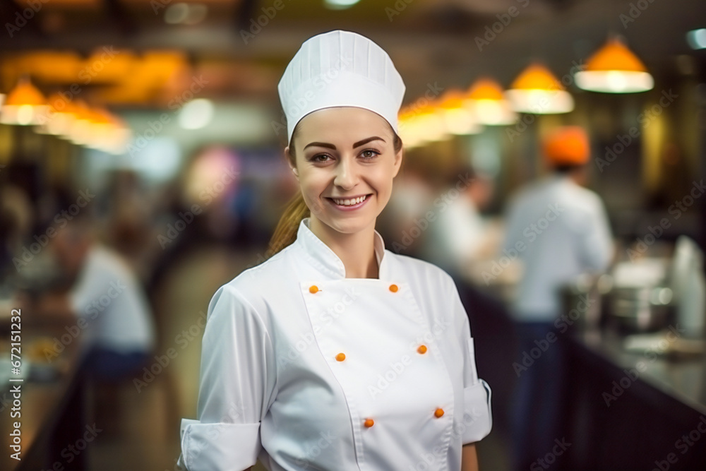 Young and pretty woman chef in the kitchen, smiling in front of the camera Young and pretty woman chef in the kitchen, smiling in front of the camera