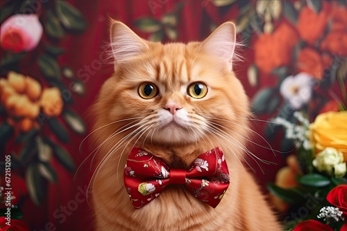 Christmas red cat with a red bow © reddish