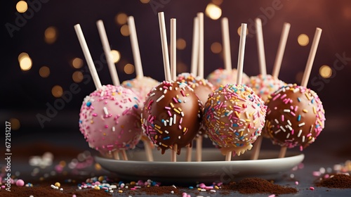 Delicious cake pops with frosting, chocolate, and sprinkles on a white plate