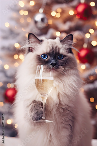 Fluffy cat next to a glass of champagne on the background of cozy Christmas lights. Cute Ragdoll cat on New Years Eve party. © ita_tinta_