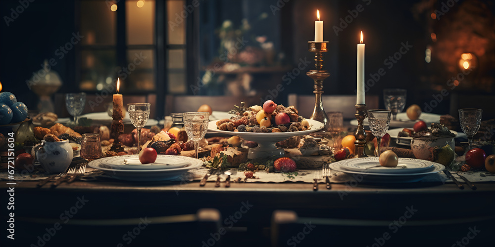 Fototapeta premium A gourmet meal on a rustic table with fresh vegetables , Indoor celebration candlelight, wine, food, decoration, spirituality, luxury, elegance Generative Ai